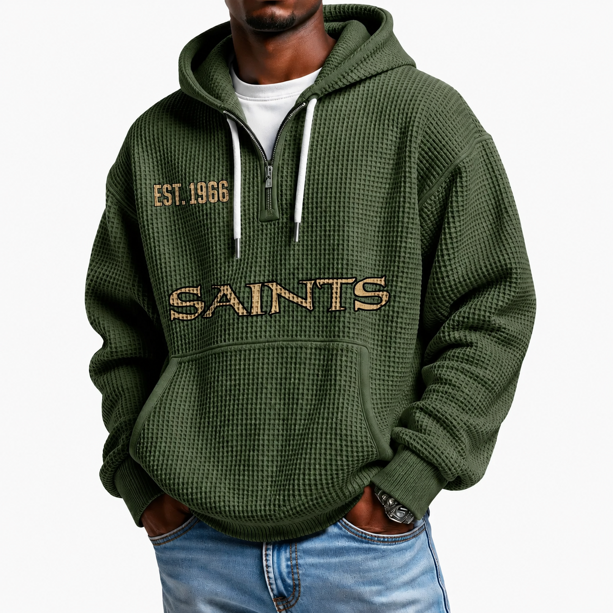 New Orleans Saints EST 1966 Waffle Quarter Zip Football Fan Hoodie