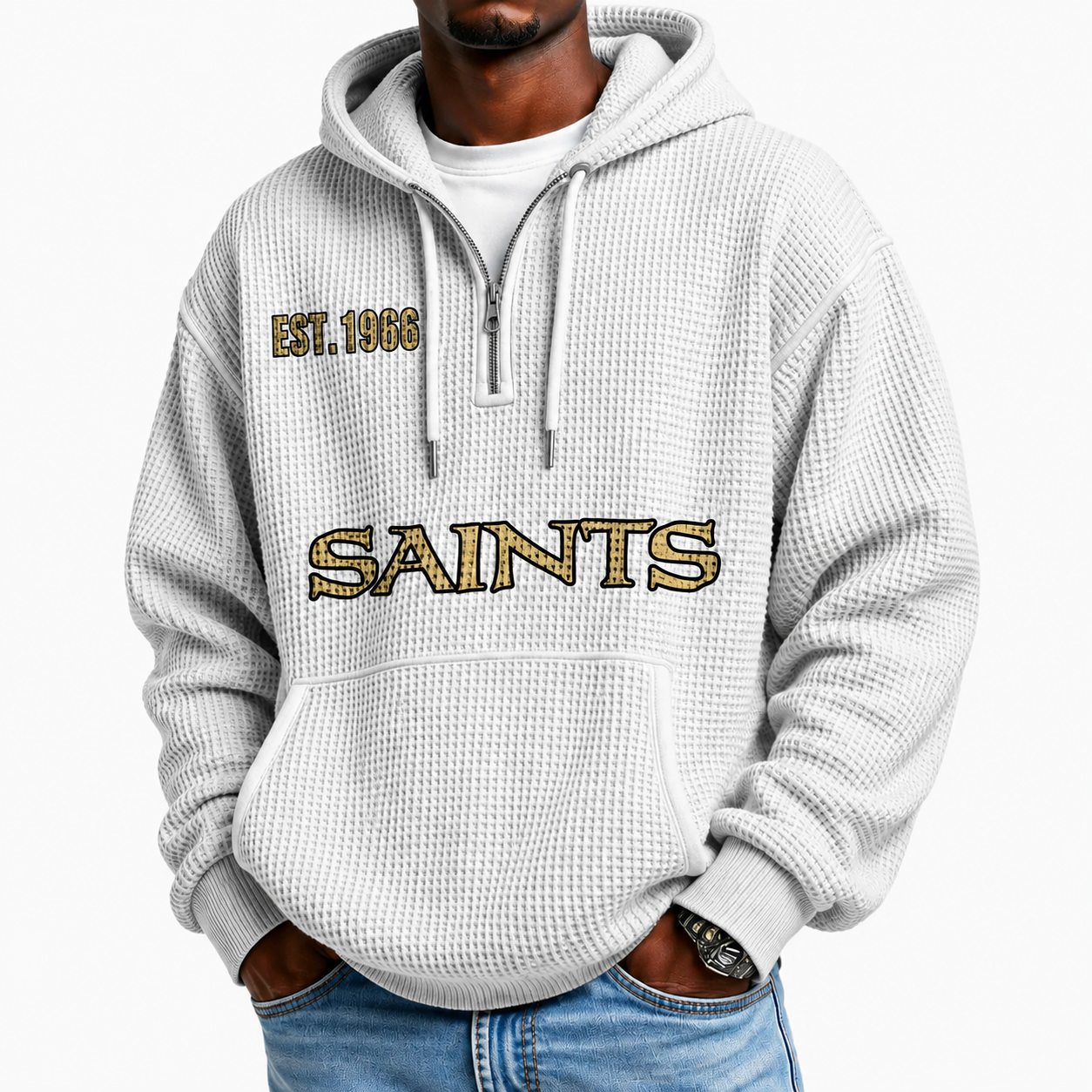 New Orleans Saints EST 1966 Waffle Quarter Zip Football Fan Hoodie