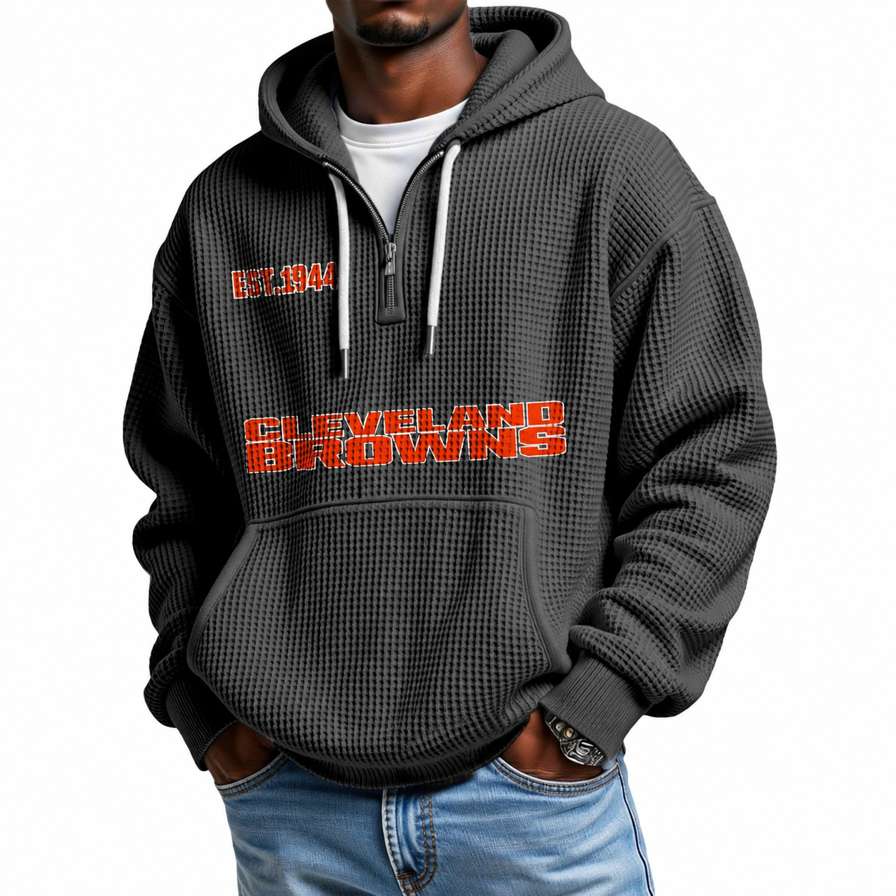 Waffle Quarter Zip Hoodie With Vintage Sports Design