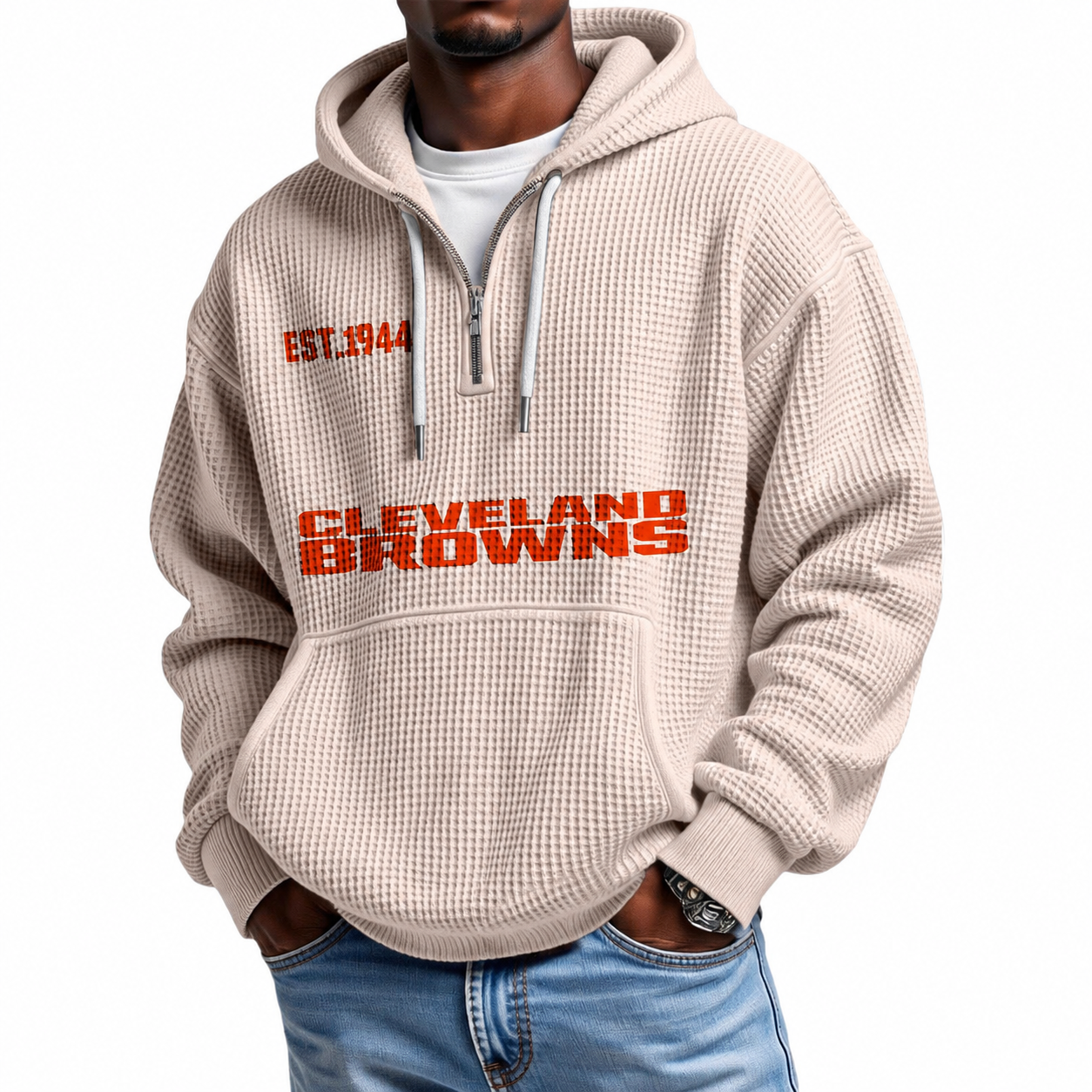 Waffle Quarter Zip Hoodie With Vintage Sports Design