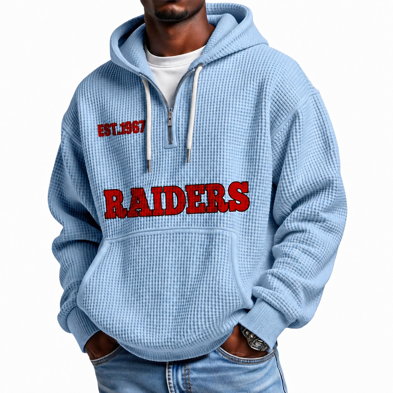 Raiders EST 1967 Printed Quarter Zip With Front Pocket Hoodie
