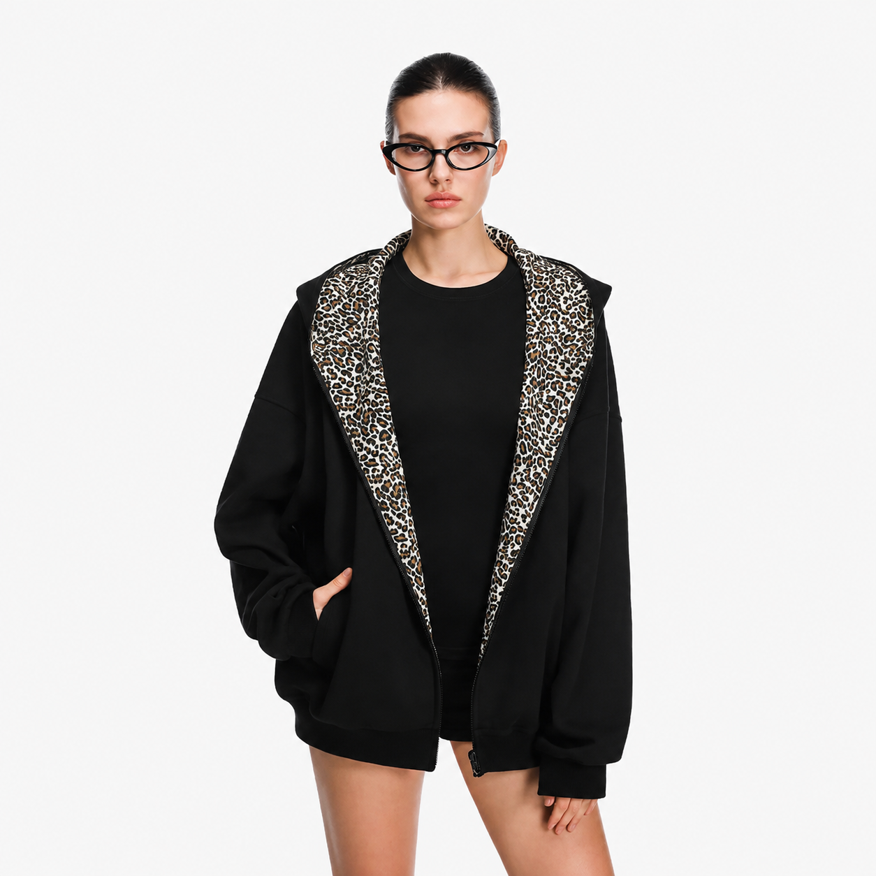 Leopard Print Oversized Cropped Zip Up Hoodie
