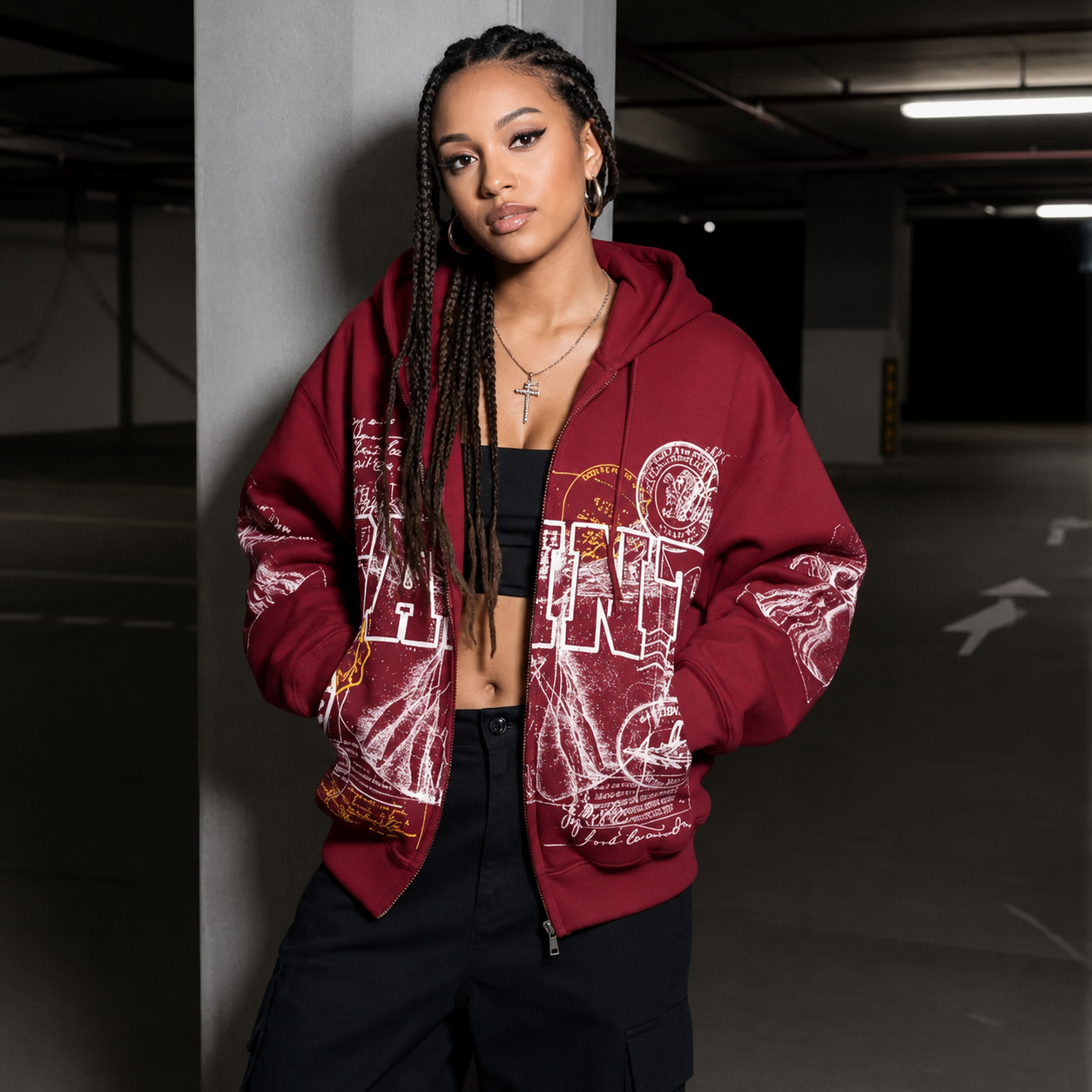 Casual Graphic Printed Zippered Hoodie 