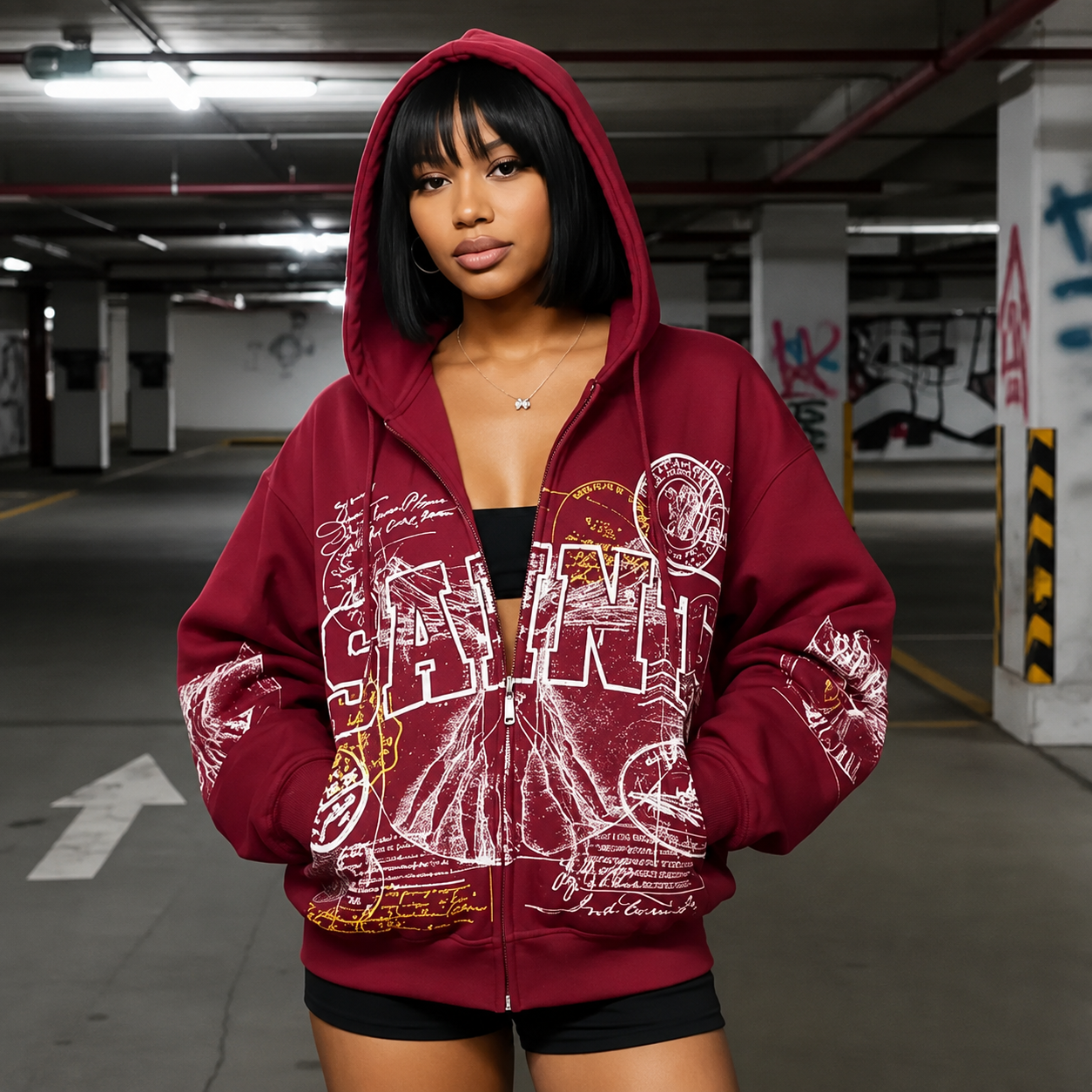 Casual Graphic Printed Zippered Hoodie 