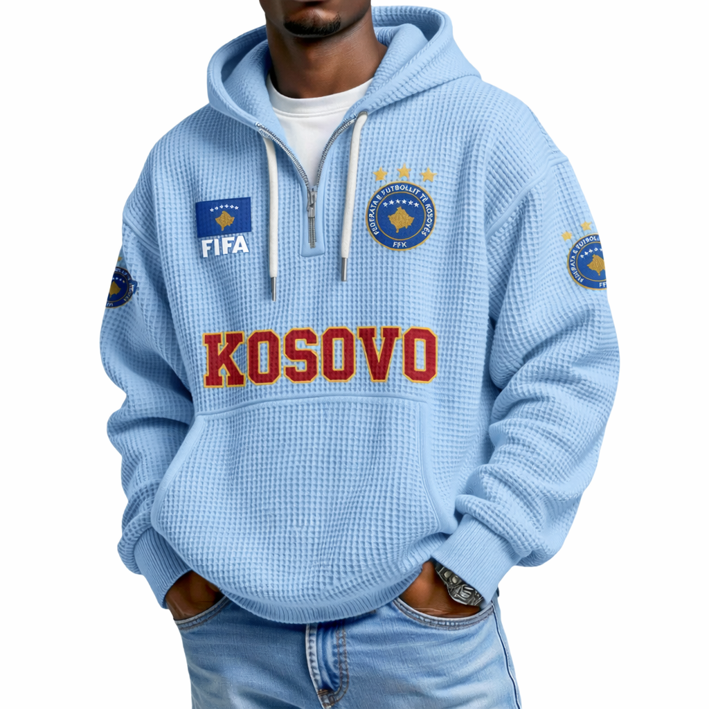 FIFA 2026 Kosovo Printed Waffle Quarter Zip Football Fan Hoodie