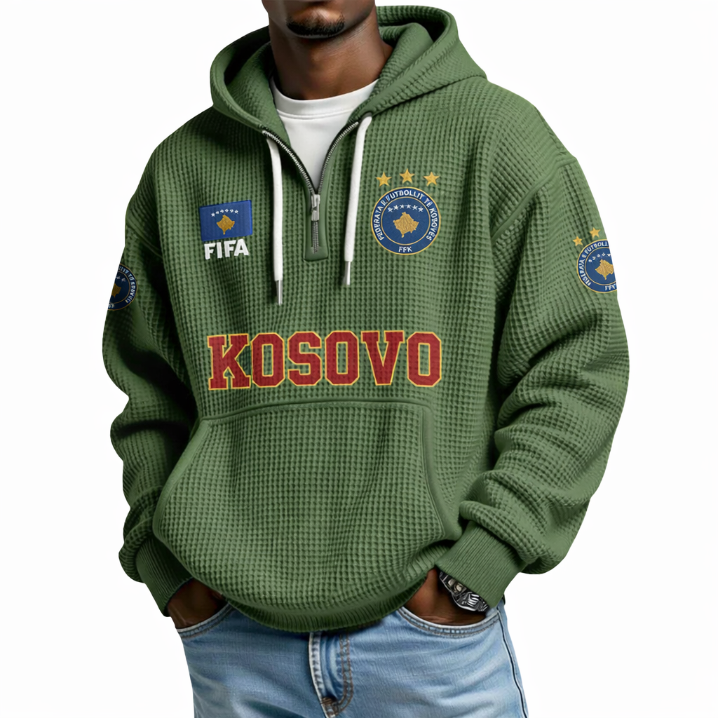 FIFA 2026 Kosovo Printed Waffle Quarter Zip Football Fan Hoodie