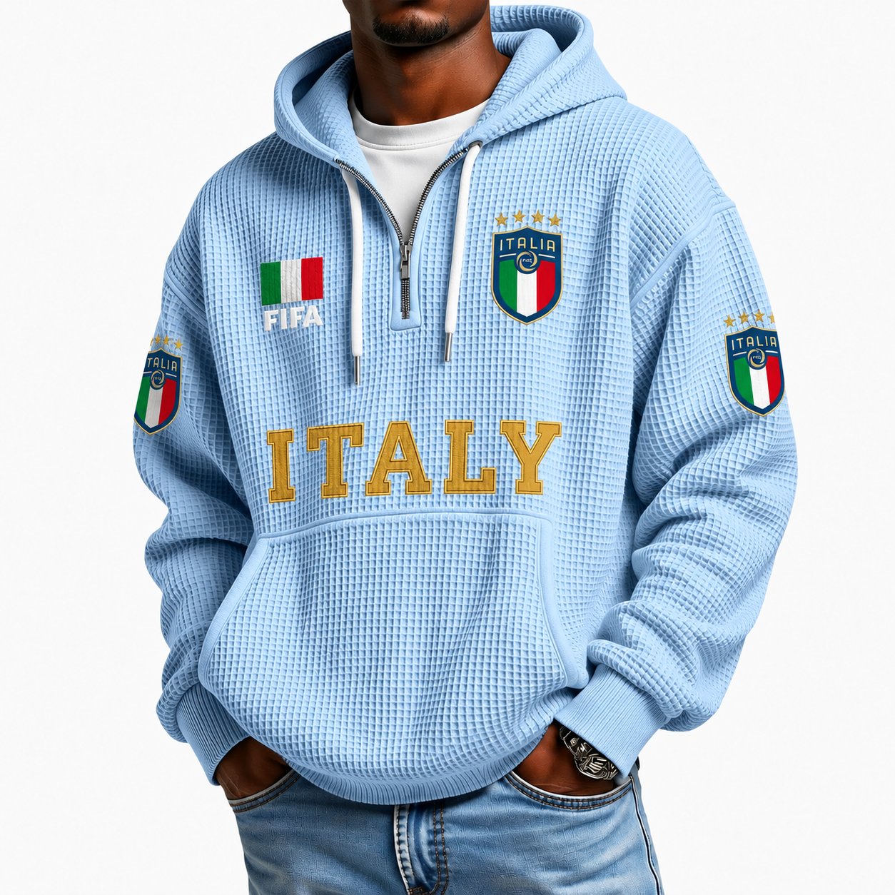 FIFA 2026 Italy Printed Waffle Quarter Zip Football Fan Hoodie