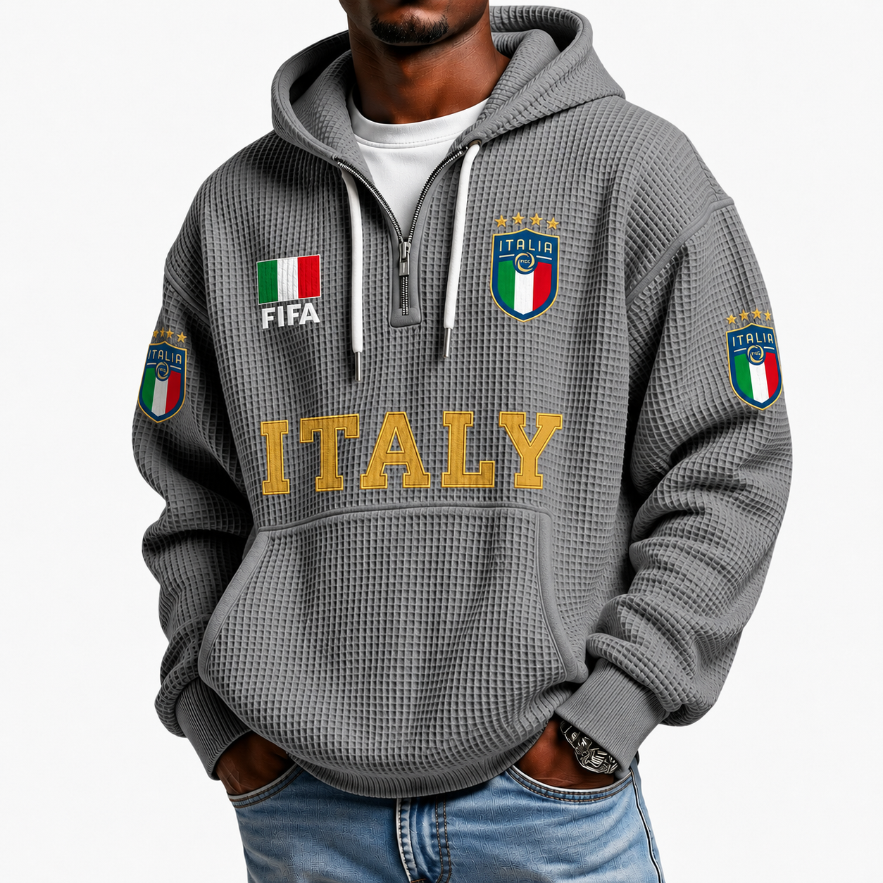 FIFA 2026 Italy Printed Waffle Quarter Zip Football Fan Hoodie