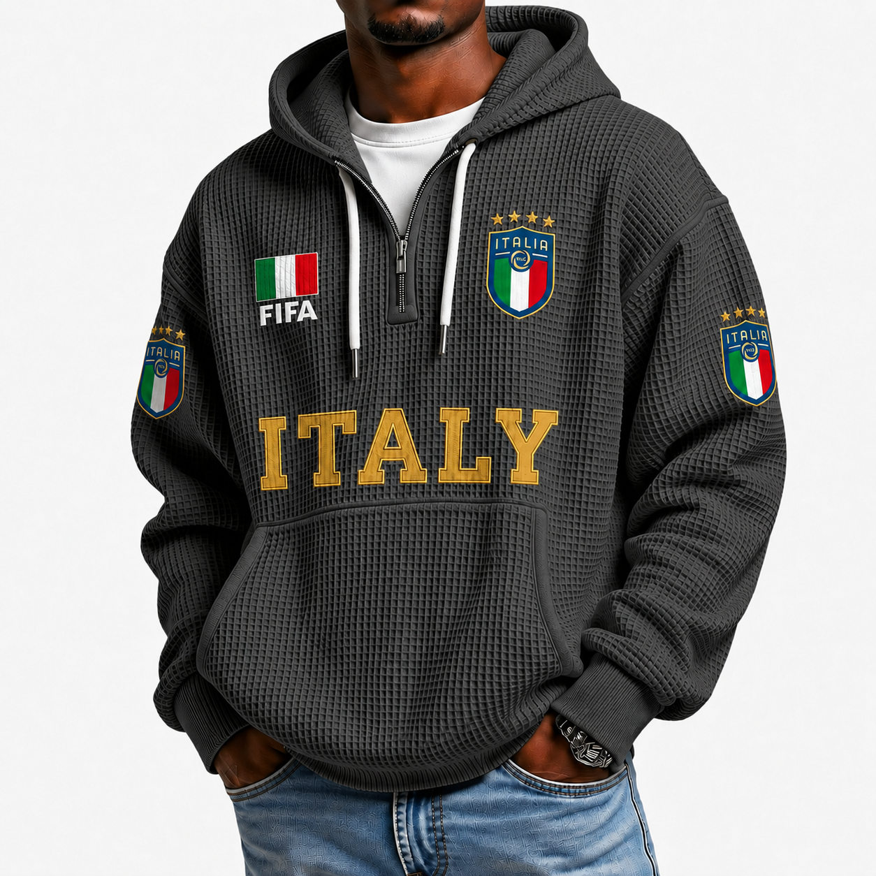 FIFA 2026 Italy Printed Waffle Quarter Zip Football Fan Hoodie