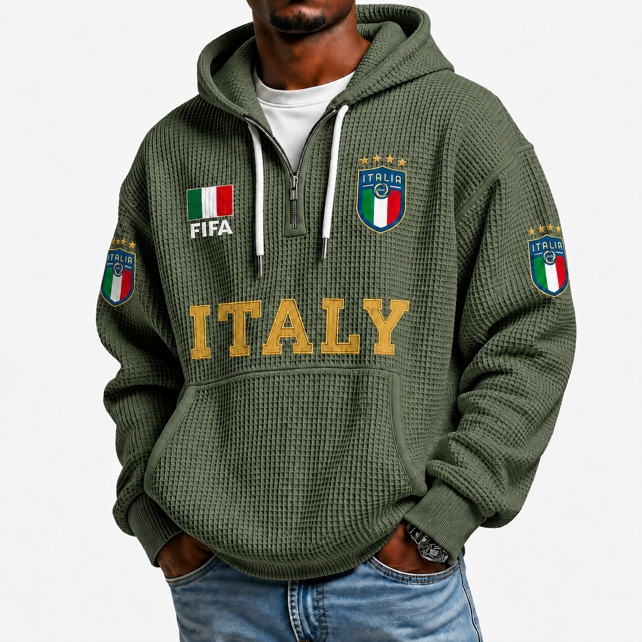 FIFA 2026 Italy Printed Waffle Quarter Zip Football Fan Hoodie