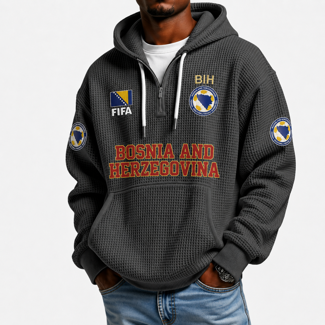 FIFA 2026 Bosnia and Herzegovina Printed Waffle Quarter Zip Football Fan Hoodie