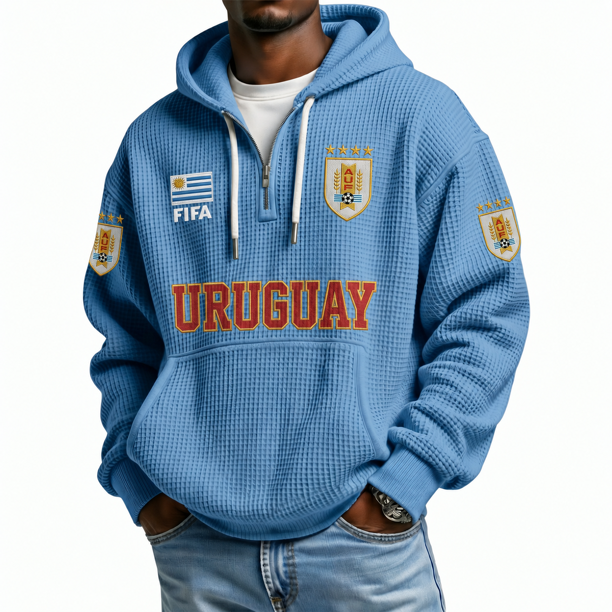 FIFA 2026 Uruguay Printed Waffle Quarter Zip Football Fan Hoodie