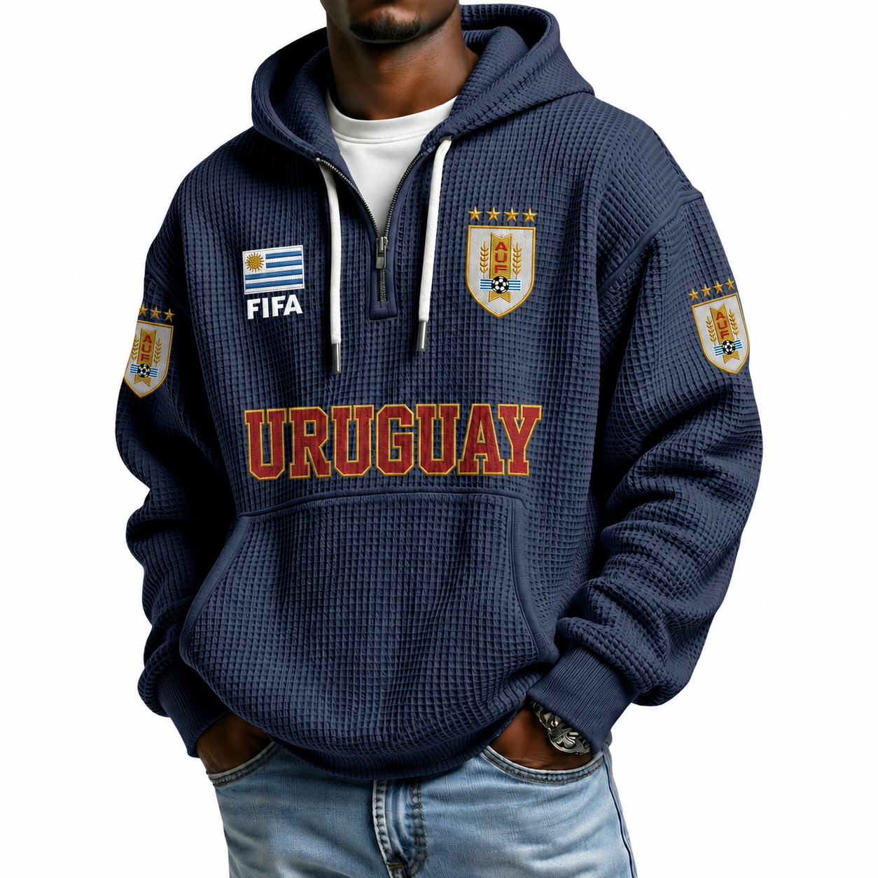FIFA 2026 Uruguay Printed Waffle Quarter Zip Football Fan Hoodie