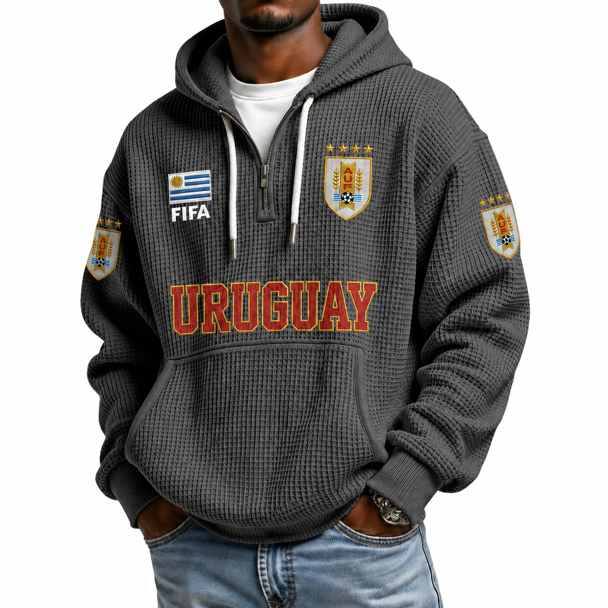 FIFA 2026 Uruguay Printed Waffle Quarter Zip Football Fan Hoodie