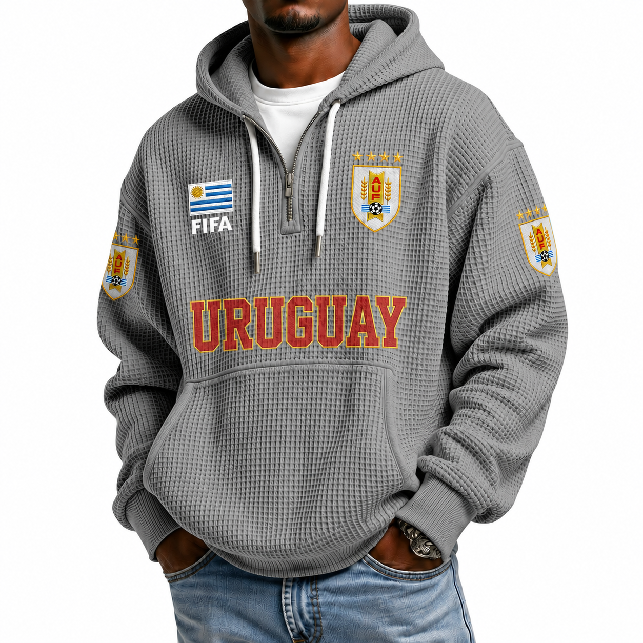FIFA 2026 Uruguay Printed Waffle Quarter Zip Football Fan Hoodie