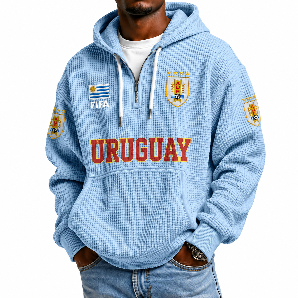FIFA 2026 Uruguay Printed Waffle Quarter Zip Football Fan Hoodie