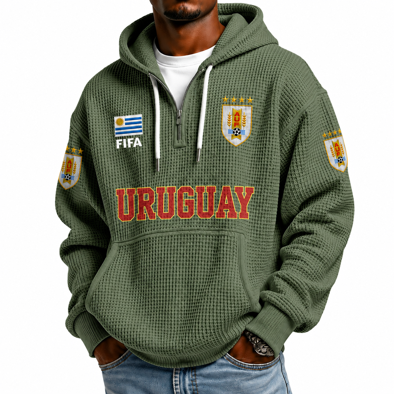 FIFA 2026 Uruguay Printed Waffle Quarter Zip Football Fan Hoodie