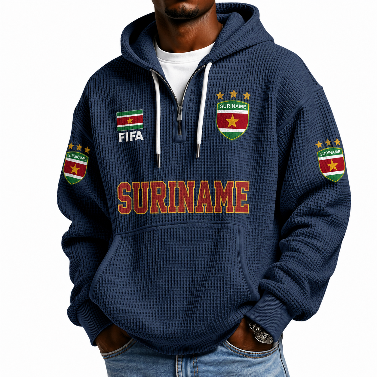 FIFA 2026 Suriname Printed Waffle Quarter Zip Football Fan Hoodie