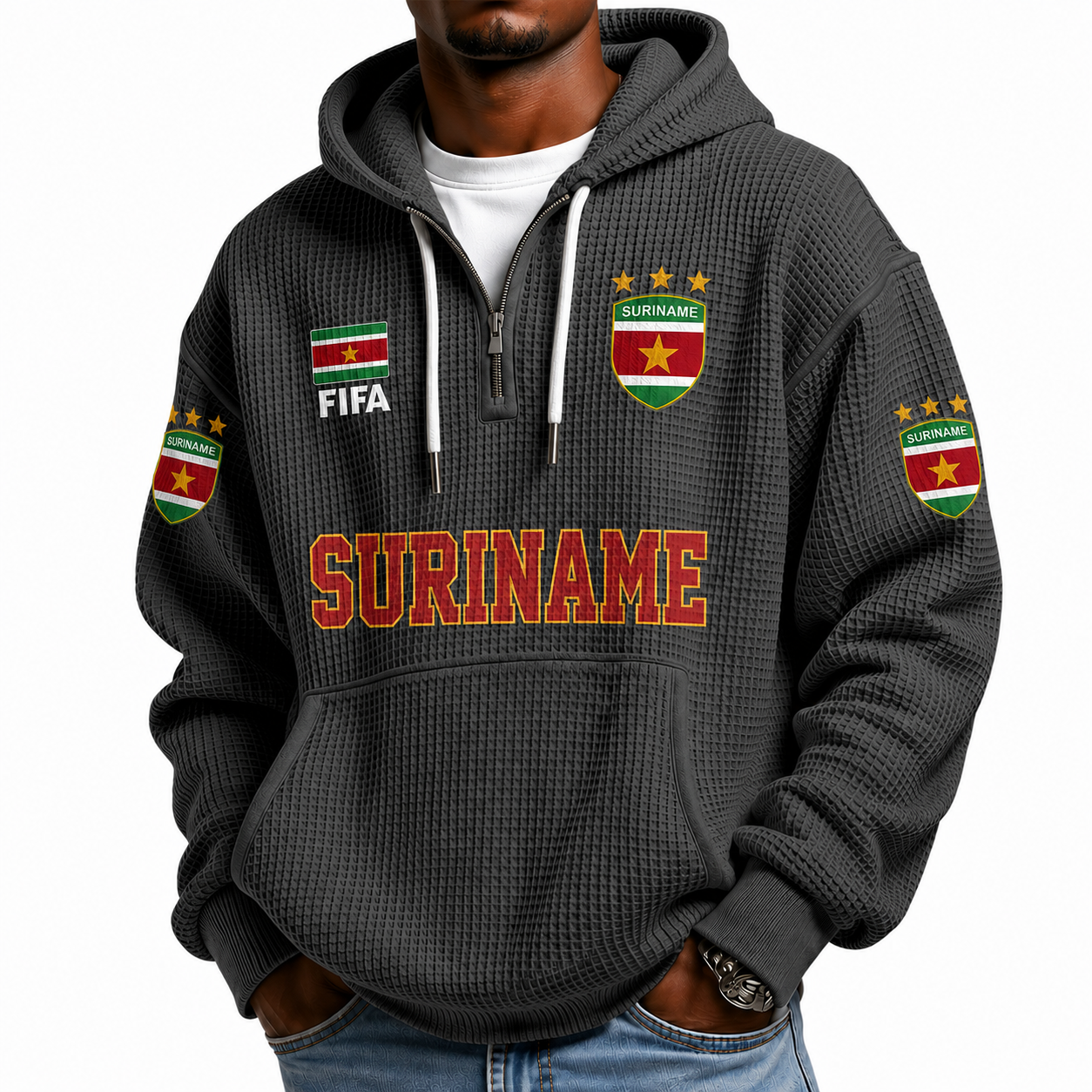FIFA 2026 Suriname Printed Waffle Quarter Zip Football Fan Hoodie
