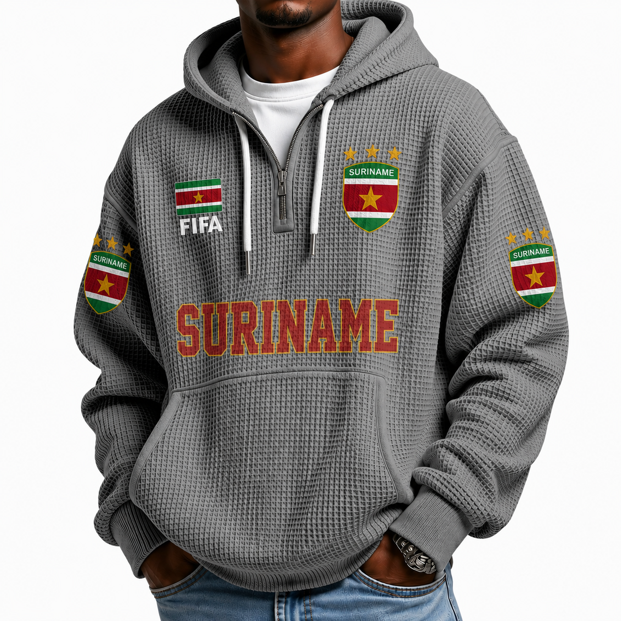 FIFA 2026 Suriname Printed Waffle Quarter Zip Football Fan Hoodie