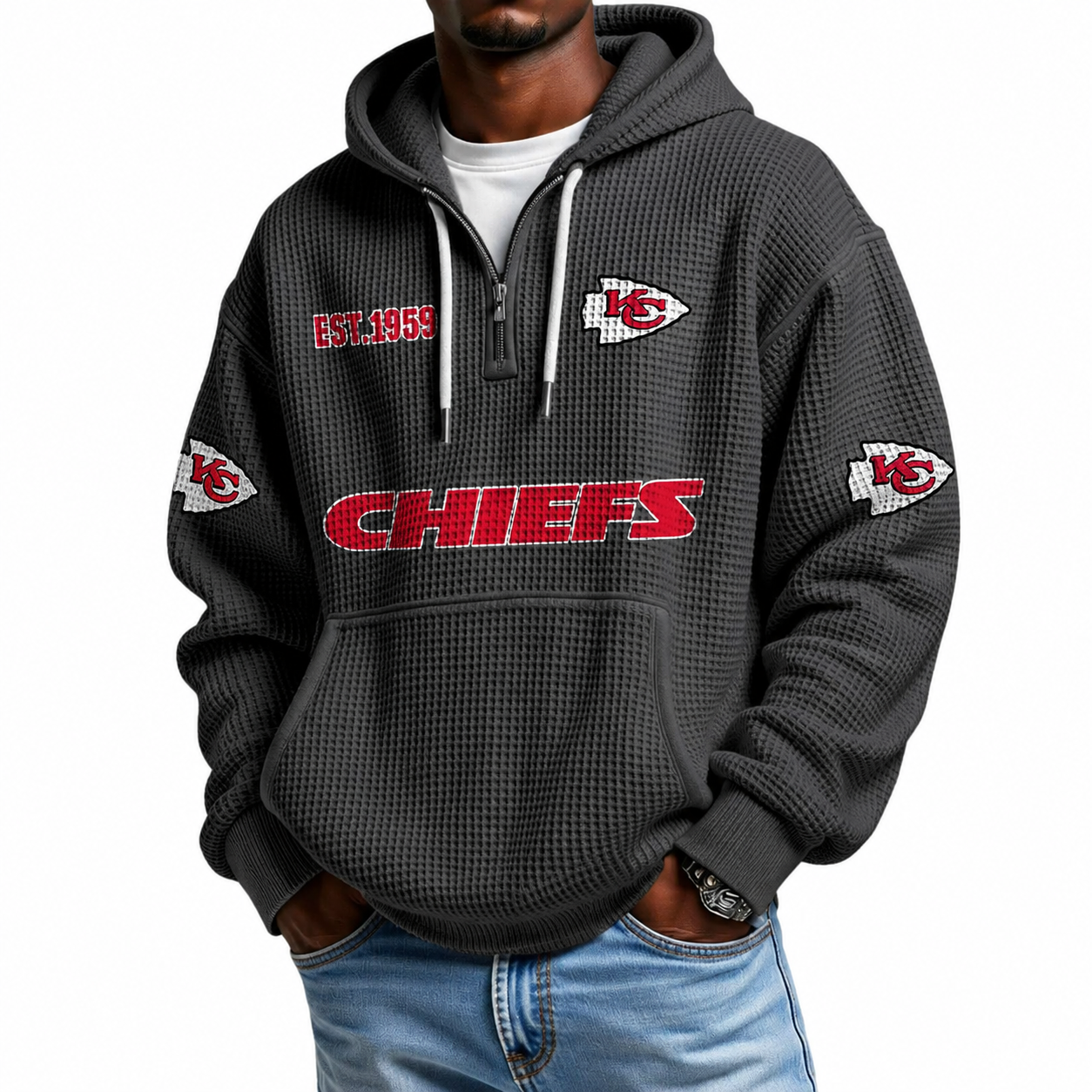 Kansas City Chiefs EST 1959 Printed Waffle Quarter Zip Football Fan Hoodie