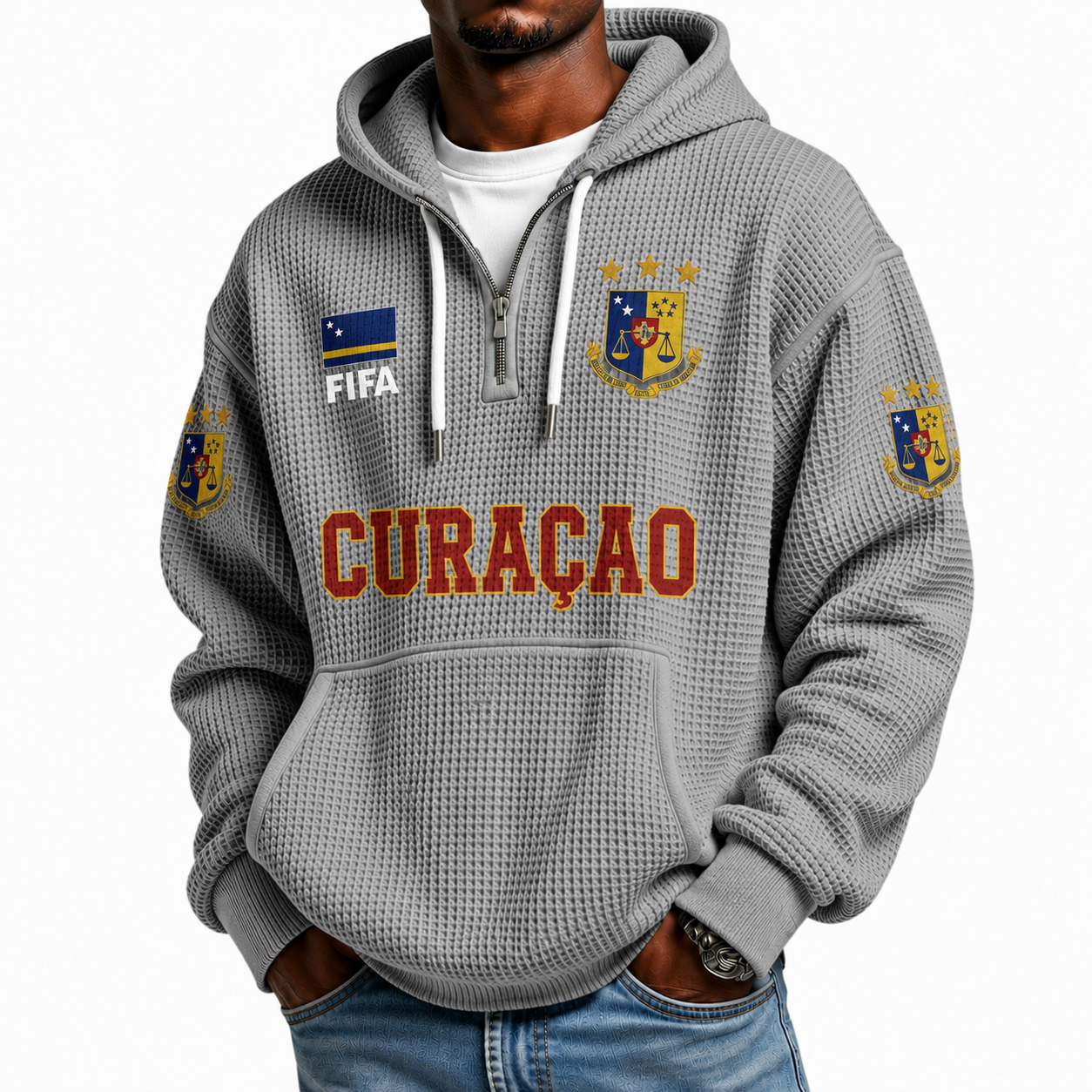 FIFA 2026 Curacao Printed Waffle Quarter Zip Football Fan Hoodie