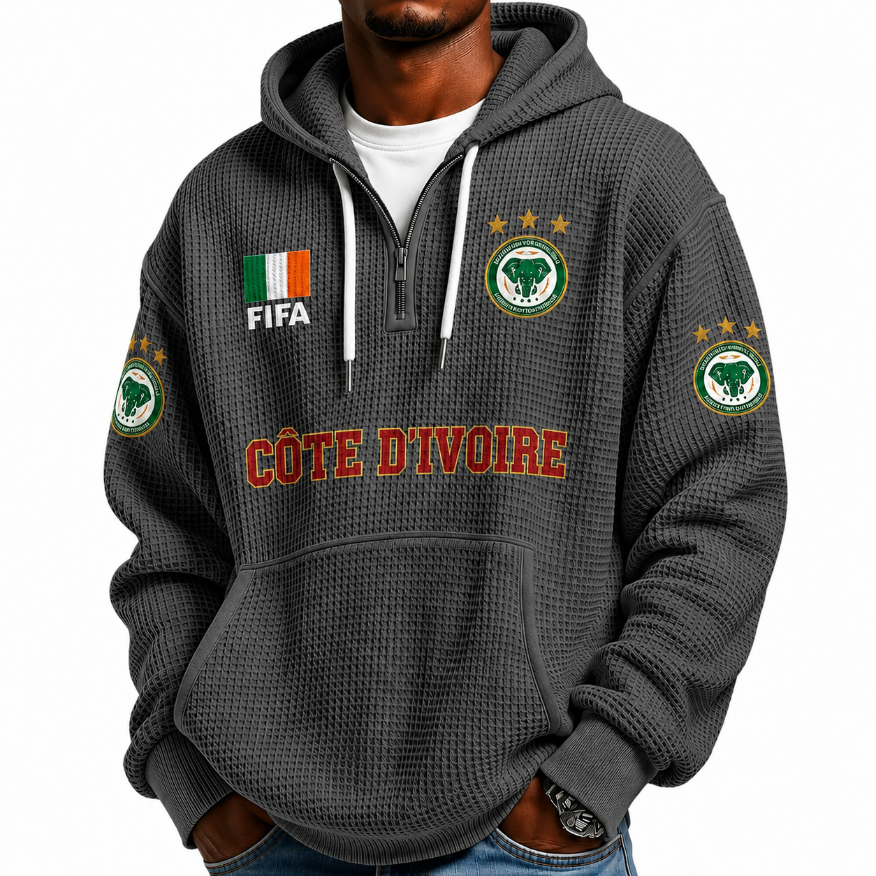 FIFA 2026 Côte d'Ivoire Printed Waffle Quarter Zip Football Fan Hoodie