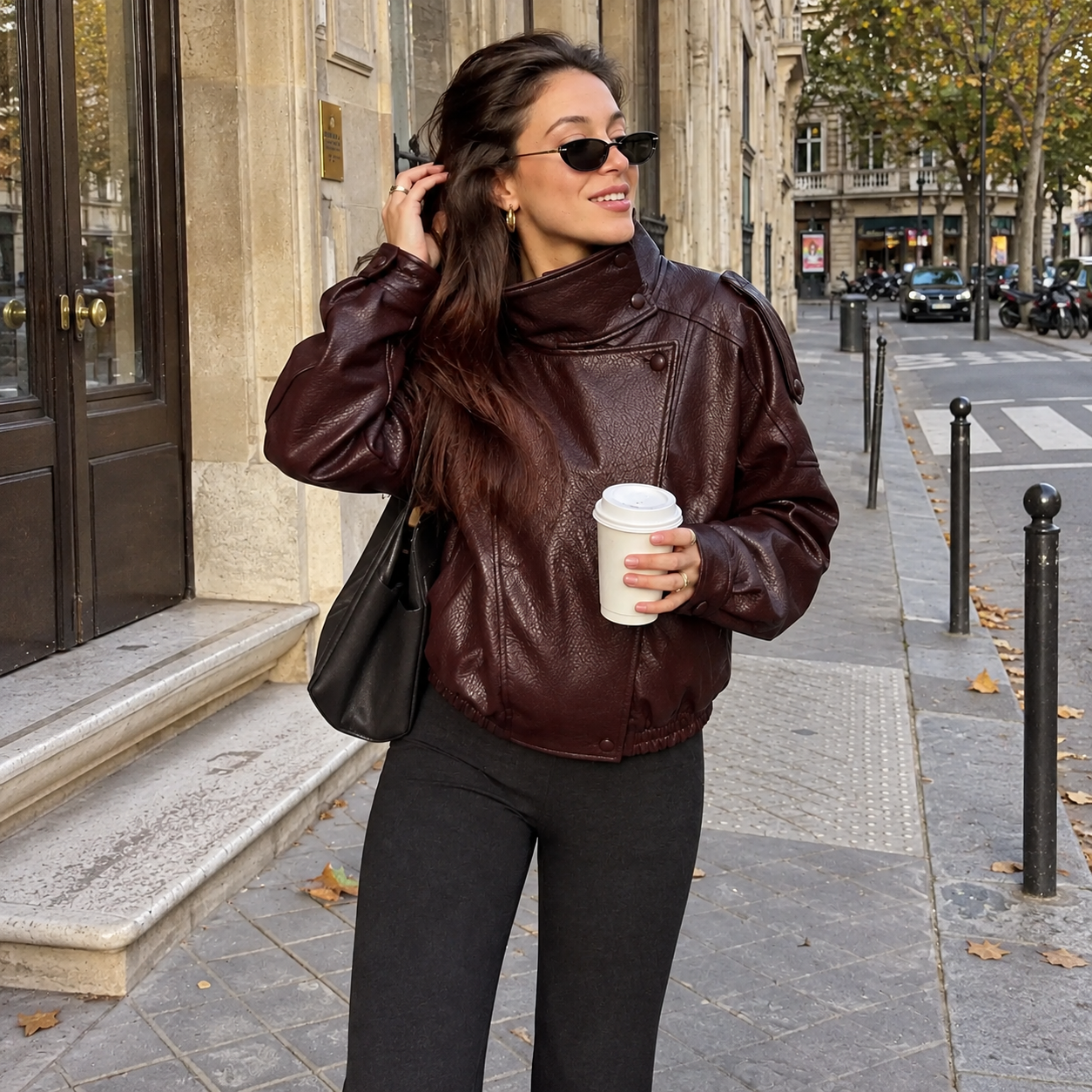 Faux Leather Oversized Moto Biker Jacket With Stand Collar For Women