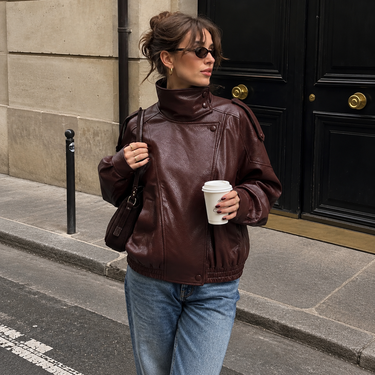Faux Leather Oversized Moto Biker Jacket With Stand Collar For Women