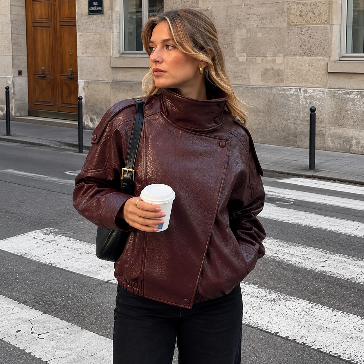 Faux Leather Oversized Moto Biker Jacket With Stand Collar For Women