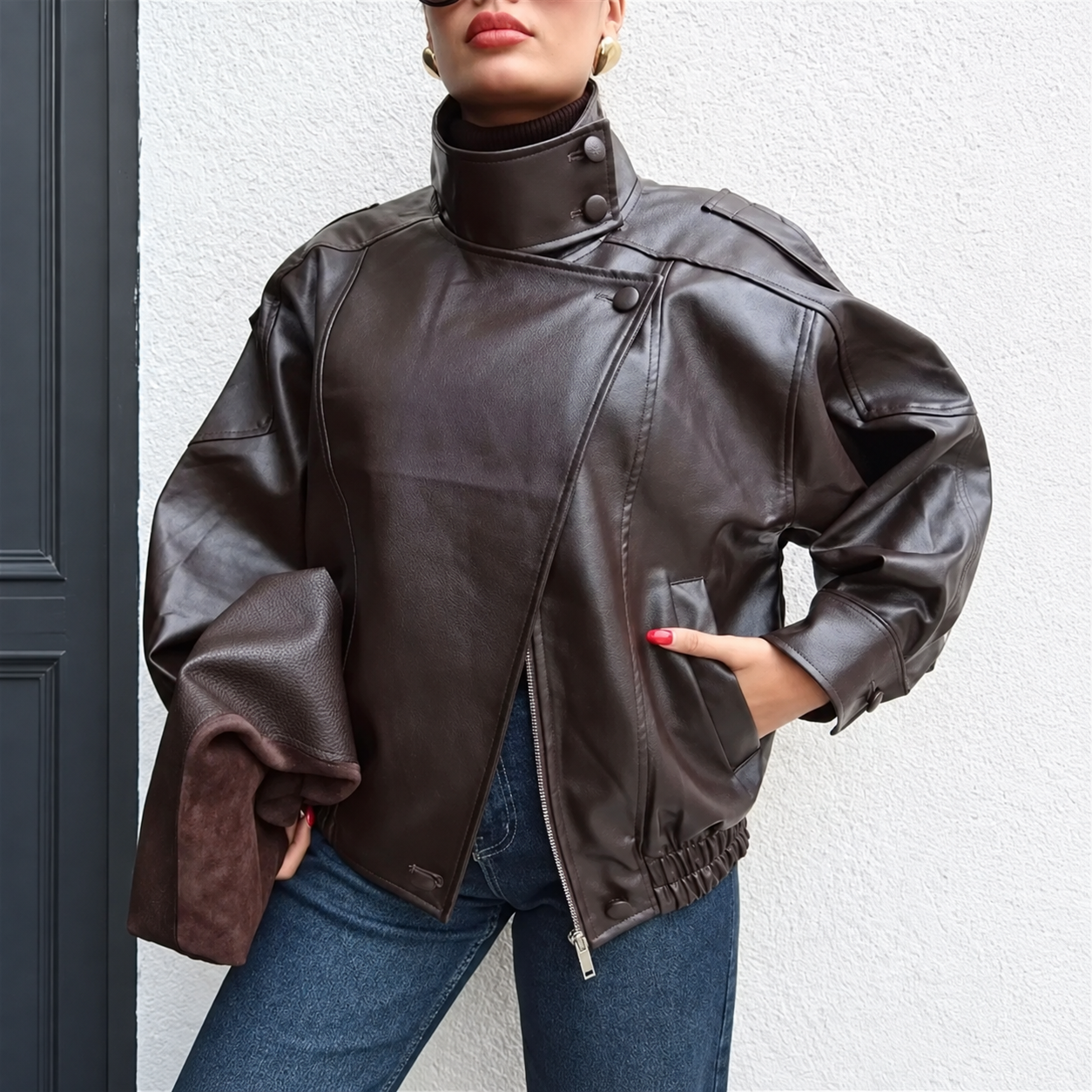 Faux Leather Oversized Moto Biker Jacket With Stand Collar For Women