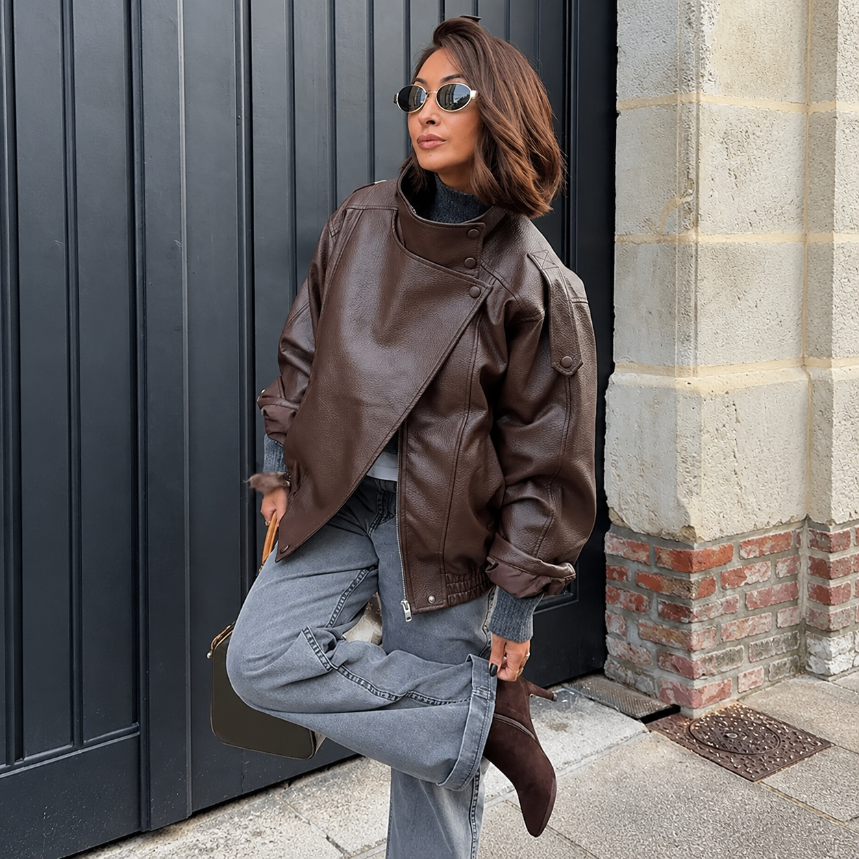 Faux Leather Oversized Moto Biker Jacket With Stand Collar For Women