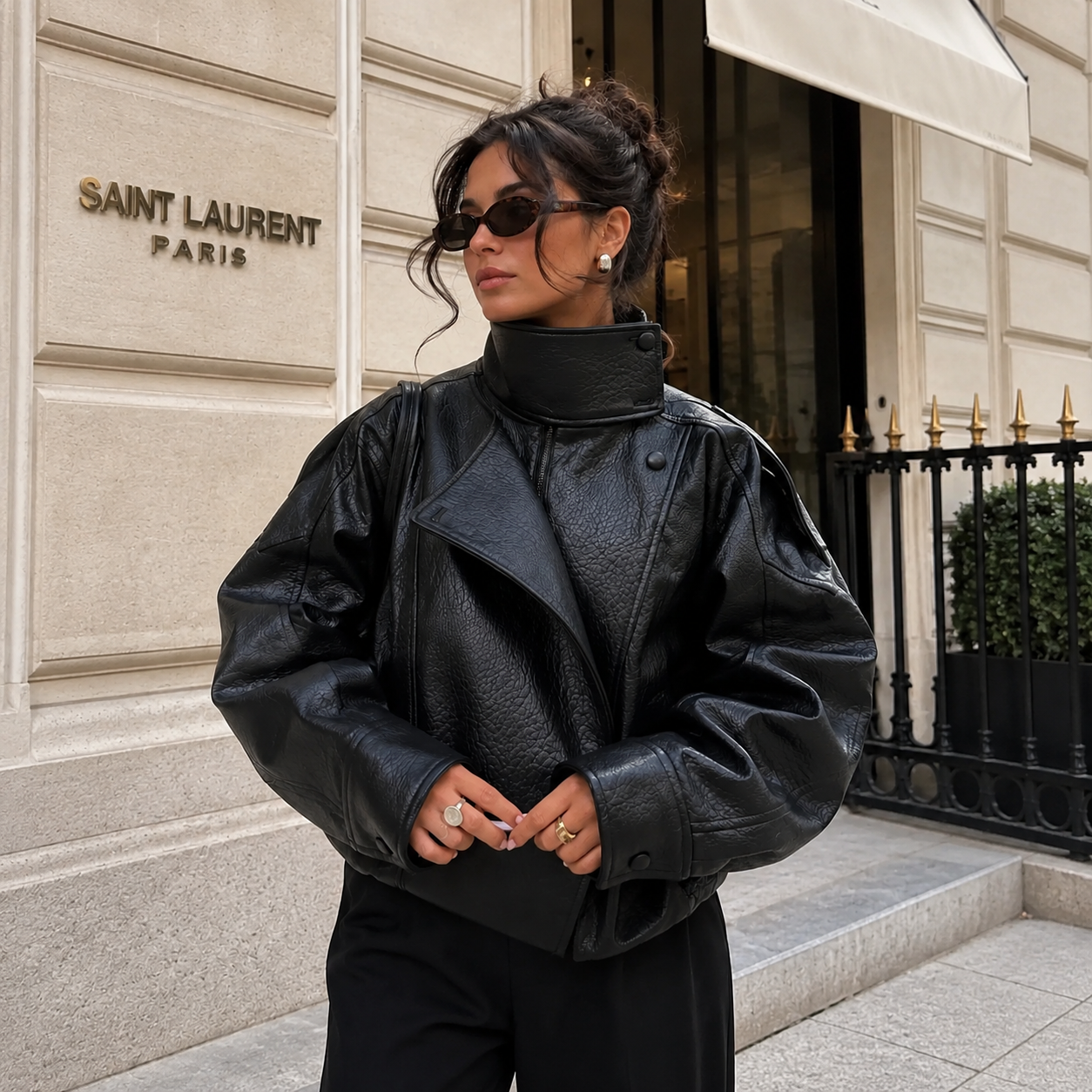 Faux Leather Oversized Moto Biker Jacket With Stand Collar For Women
