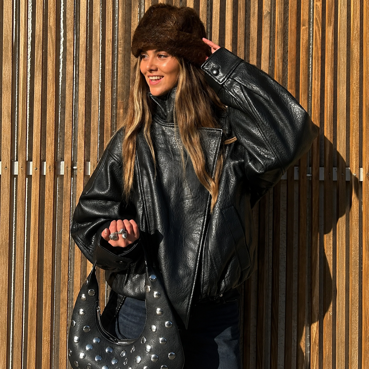 Faux Leather Oversized Moto Biker Jacket With Stand Collar For Women