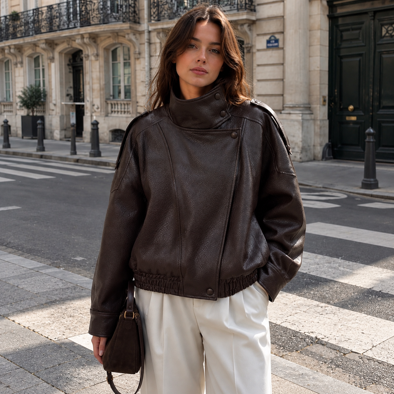 Faux Leather Oversized Moto Biker Jacket With Stand Collar For Women