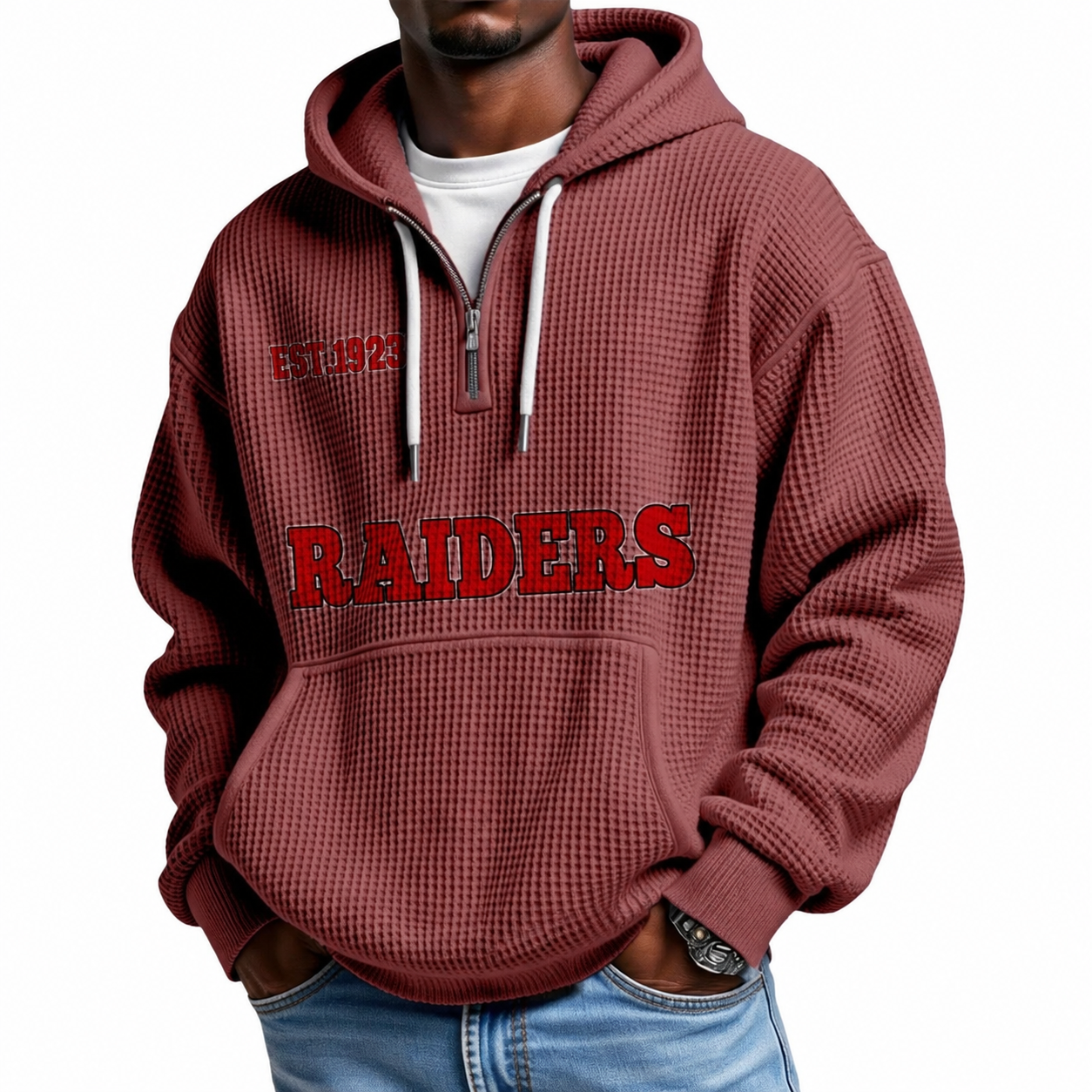 Las Vegas Raiders EST 1925 Themed Quarter Zip Waffle Football Fan Hoodie