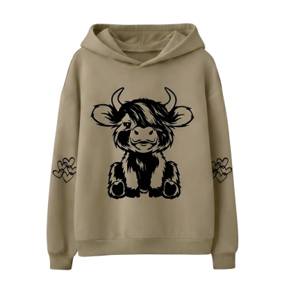 Cow Print Hooded Pullover Sweatshirt With Pocket