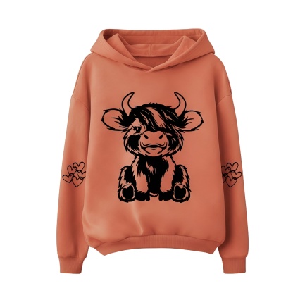 Cow Print Hooded Pullover Sweatshirt With Pocket