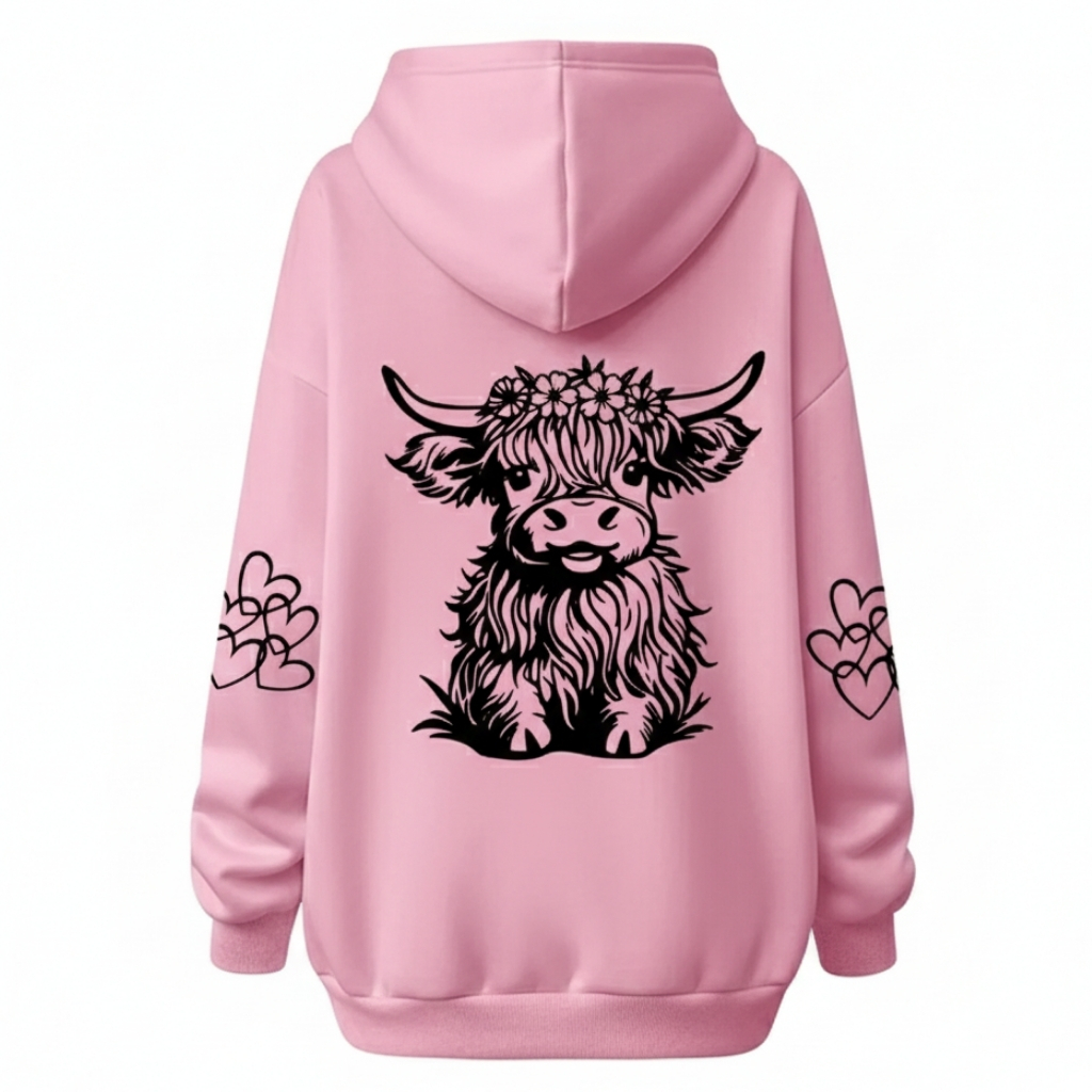 Cozy Highland Cow Printed Hoodie For Women