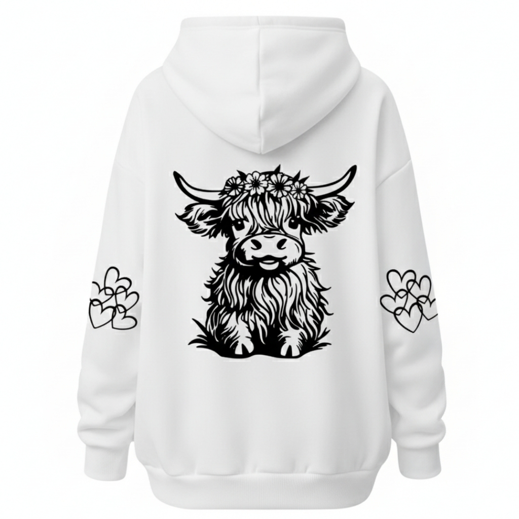 Cozy Highland Cow Printed Hoodie For Women