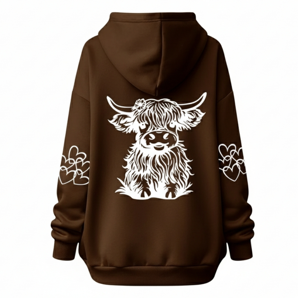 Cozy Highland Cow Printed Hoodie For Women