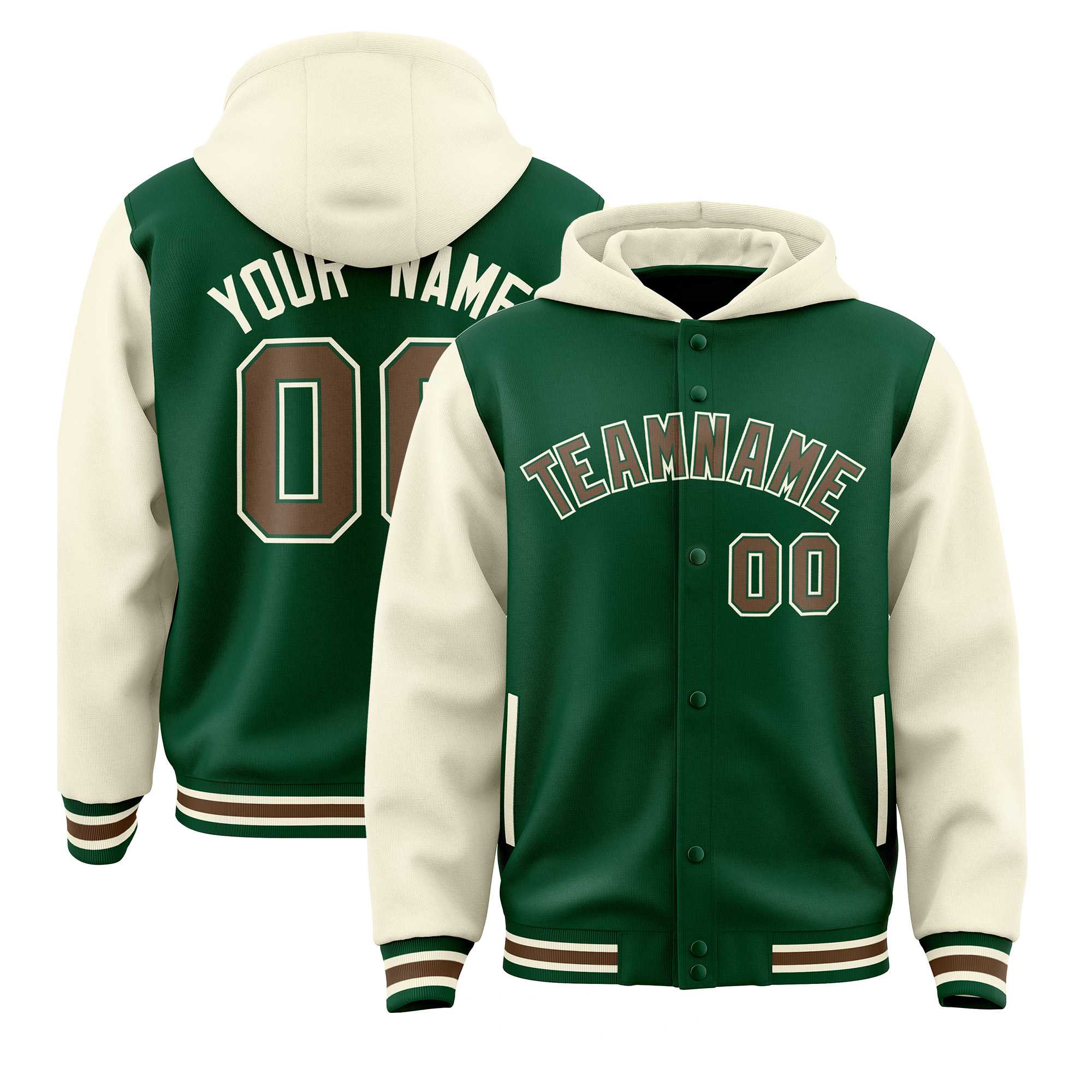 Custom Green Cream Raglan Sleeves Varsity Full-Snap Two Tone Jacket Hoodie