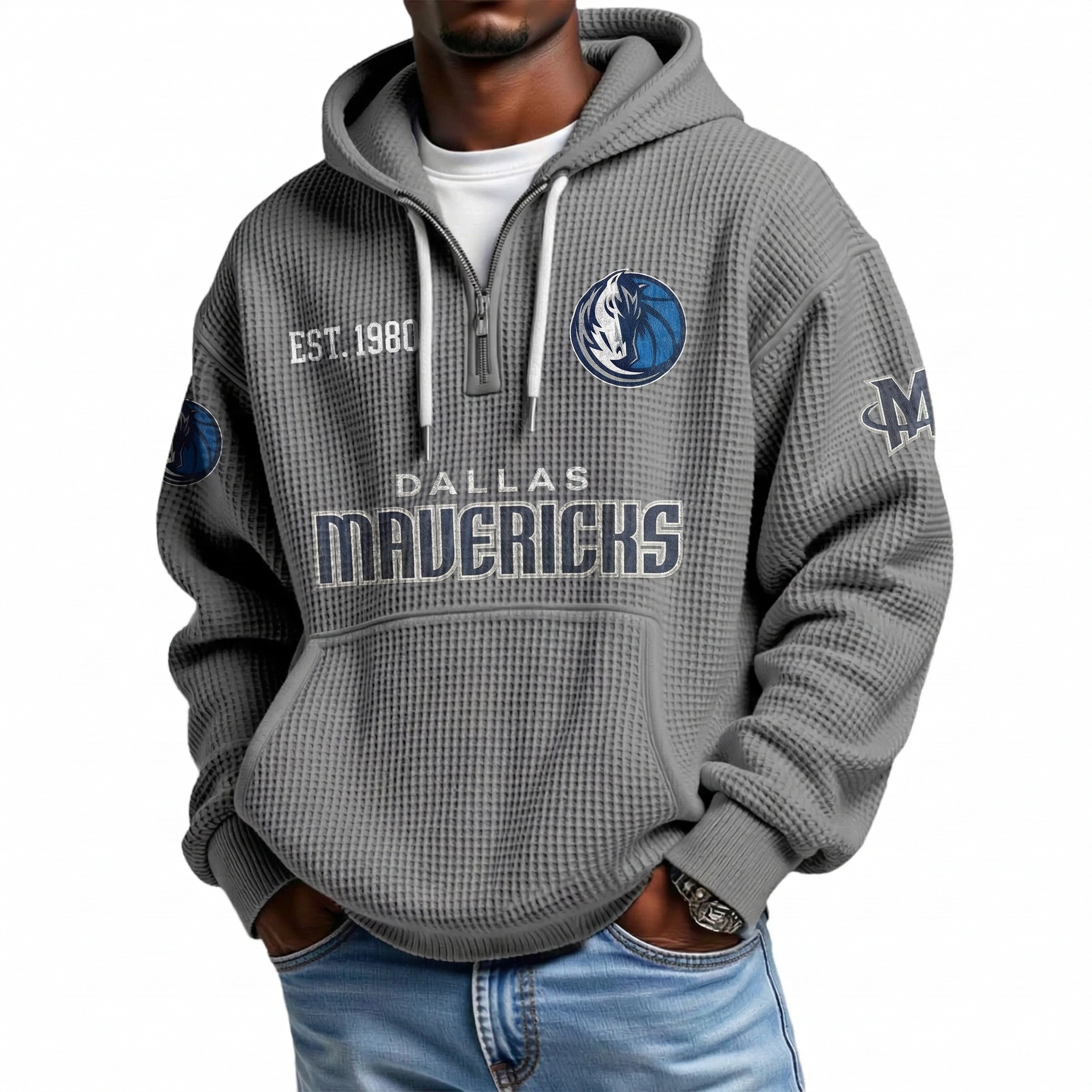 Dallas Mavericks EST 1980 Printed Waffle Quarter Zip Basketball Fan Hoodie