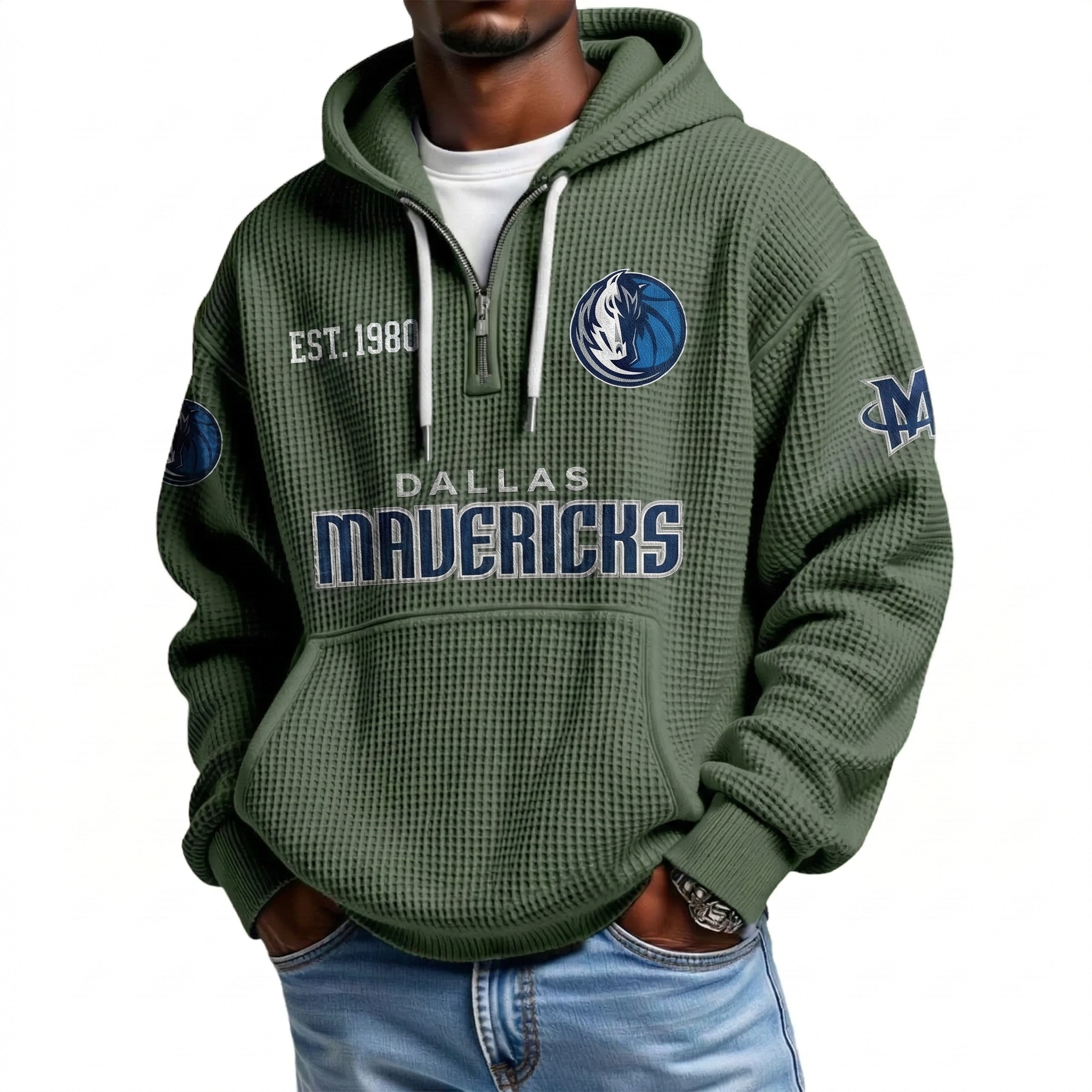 Dallas Mavericks EST 1980 Printed Waffle Quarter Zip Basketball Fan Hoodie