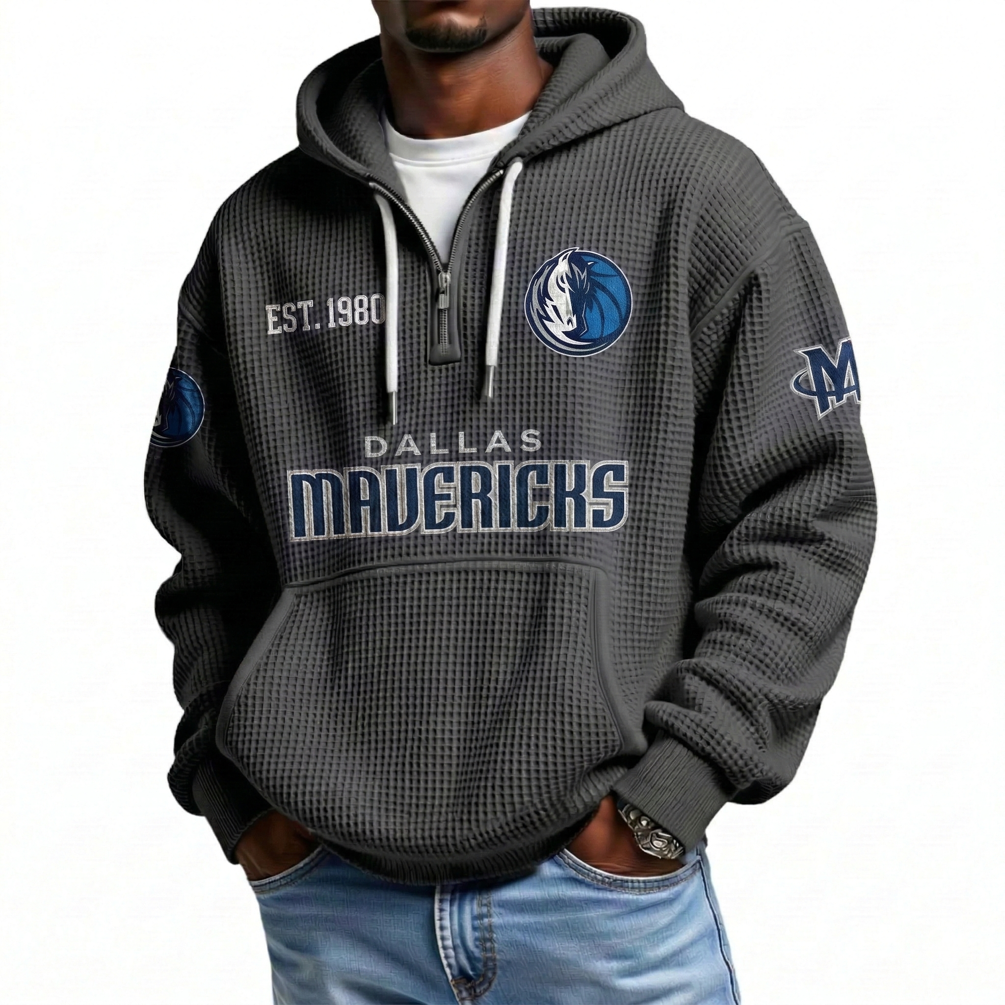 Dallas Mavericks EST 1980 Printed Waffle Quarter Zip Basketball Fan Hoodie