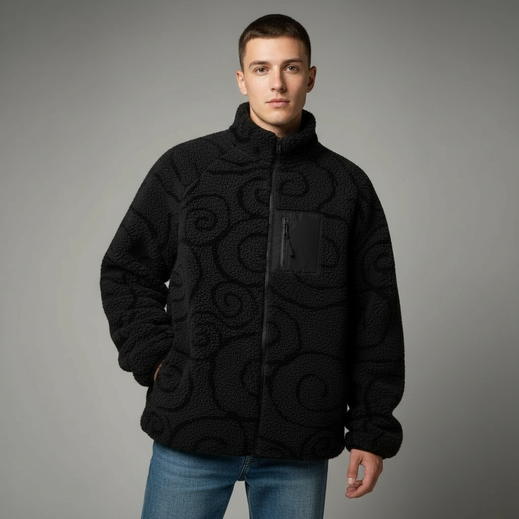 Double Sided Sherpa Fleece Jacket With Zip Up Front For Men