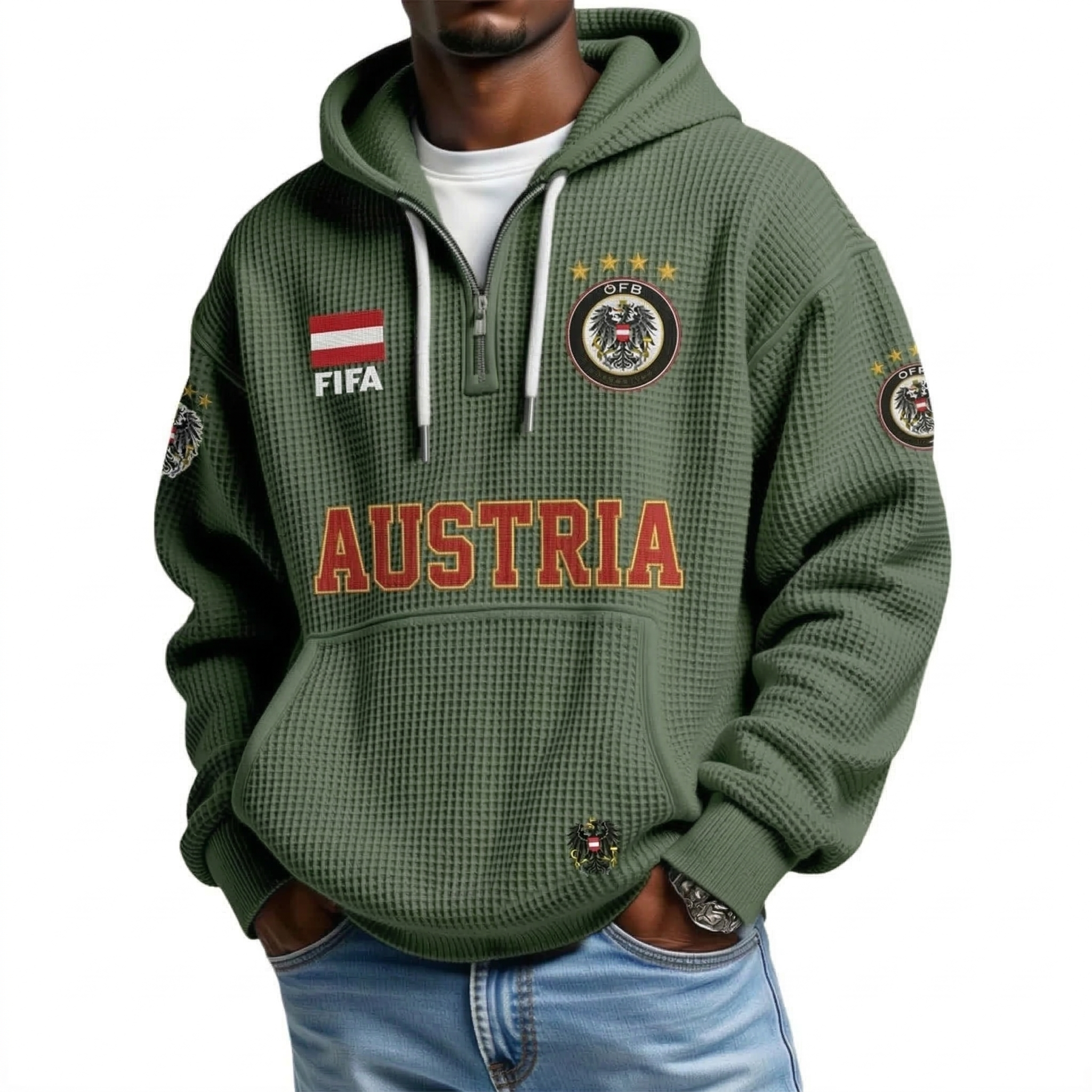 FIFA 2026 Austria Printed Waffle Quarter Zip Football Fan Hoodie
