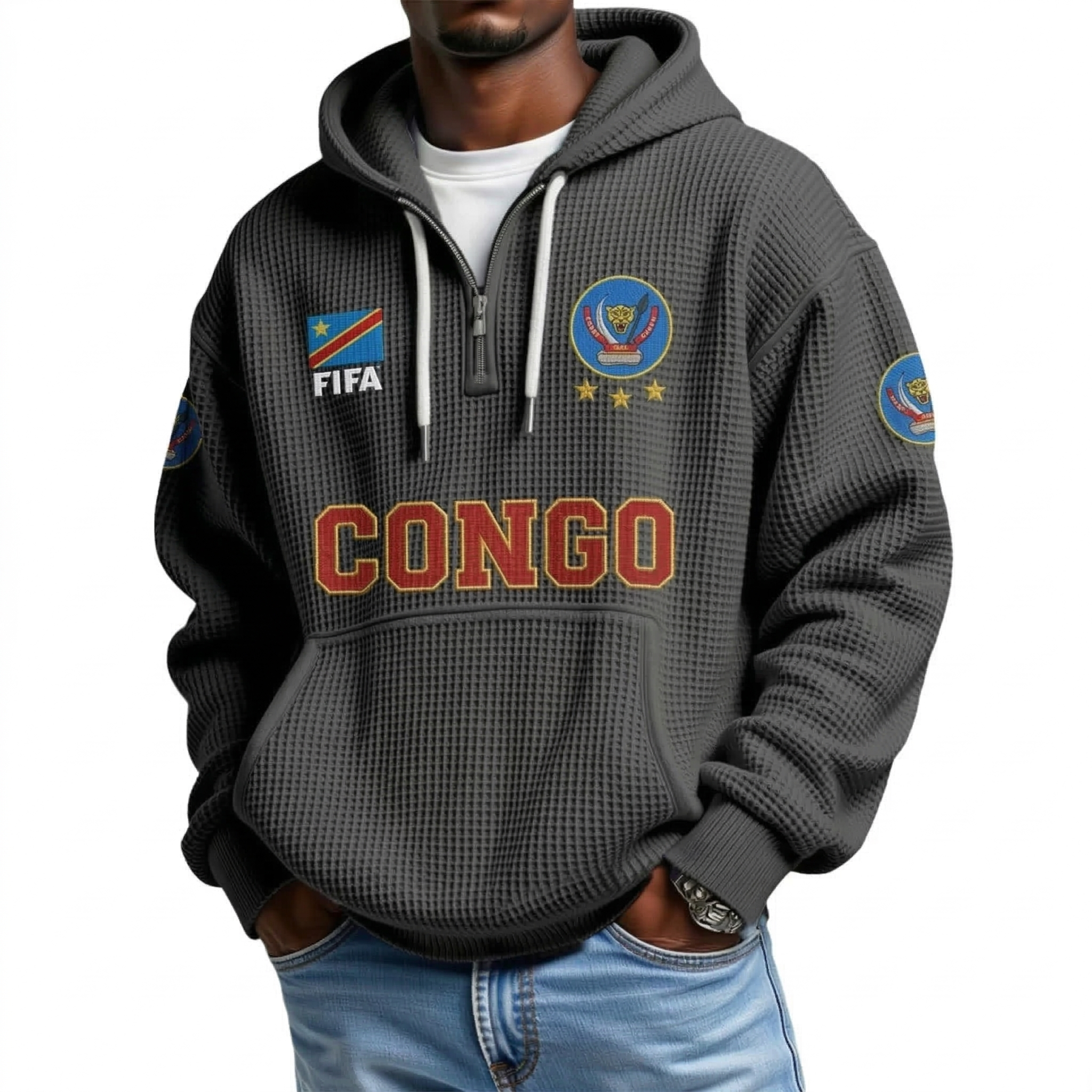 FIFA 2026 Democratic Republic Of The Congo Printed Waffle Quarter Zip Football Fan Hoodie