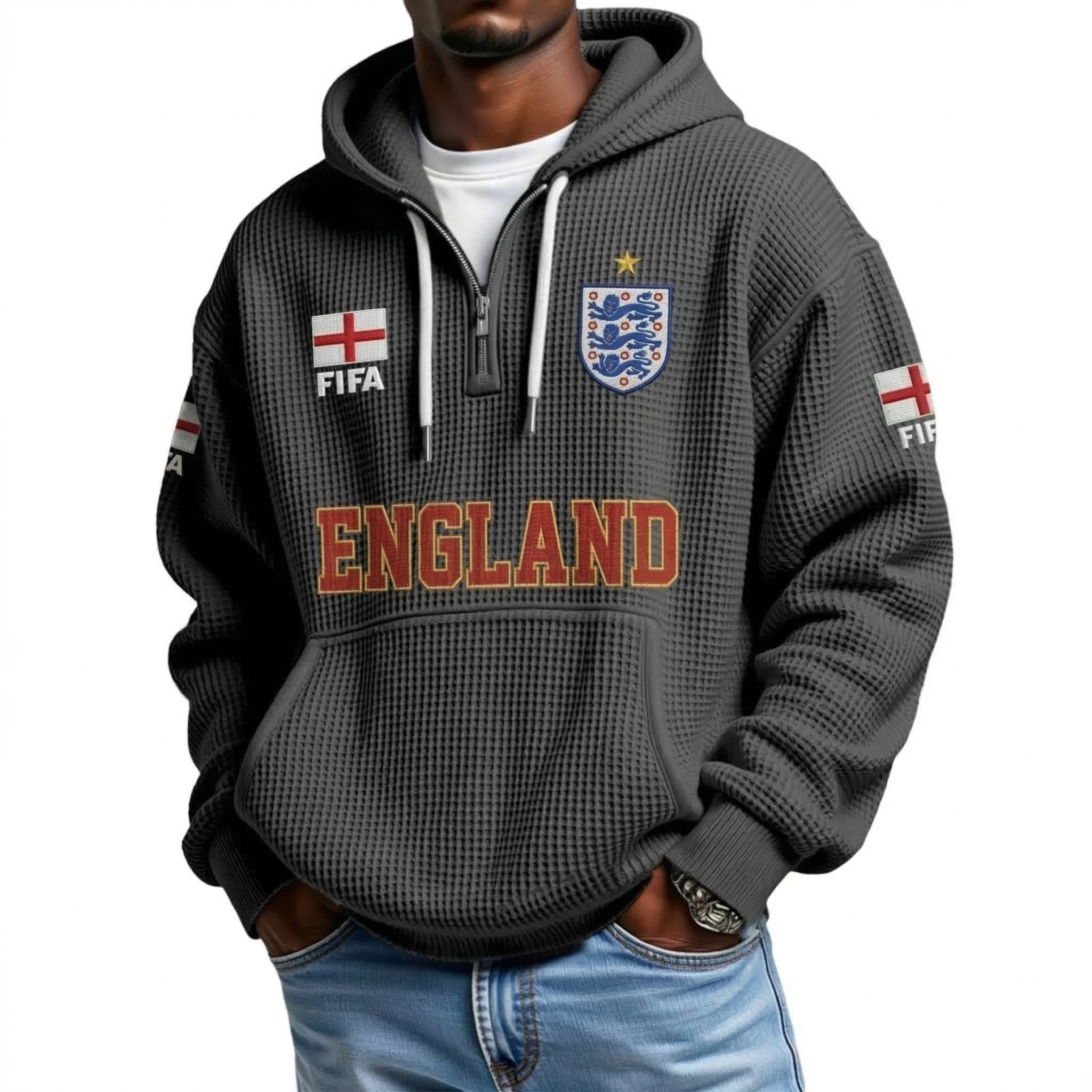 FIFA 2026 England Printed Waffle Quarter Zip Football Fan Hoodie