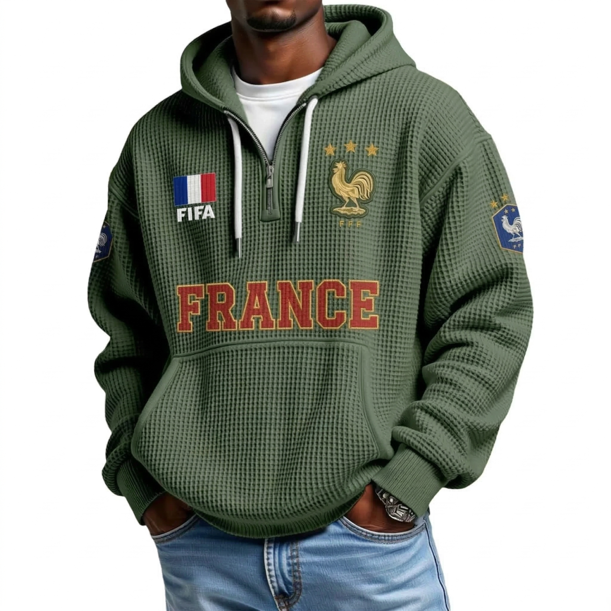 FIFA 2026 France Printed Waffle Quarter Zip Football Fan Hoodie